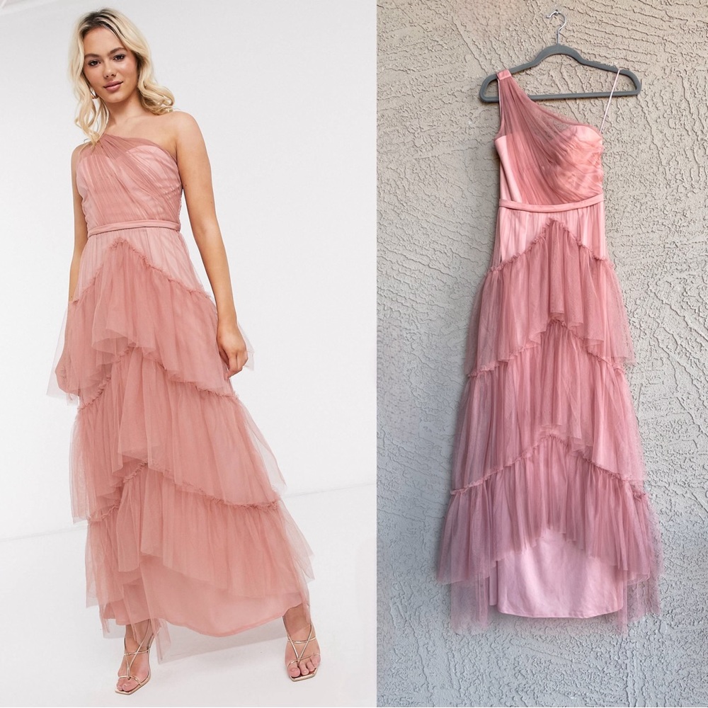 ASOS LITTLE MISTRESS Pink Layered Tulle Ruffle One Shoulder Maxi Dress Prom Gown
